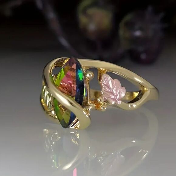 Rainbow crystal tricolor ring leaf design size 8.5 - Picture 1 of 5